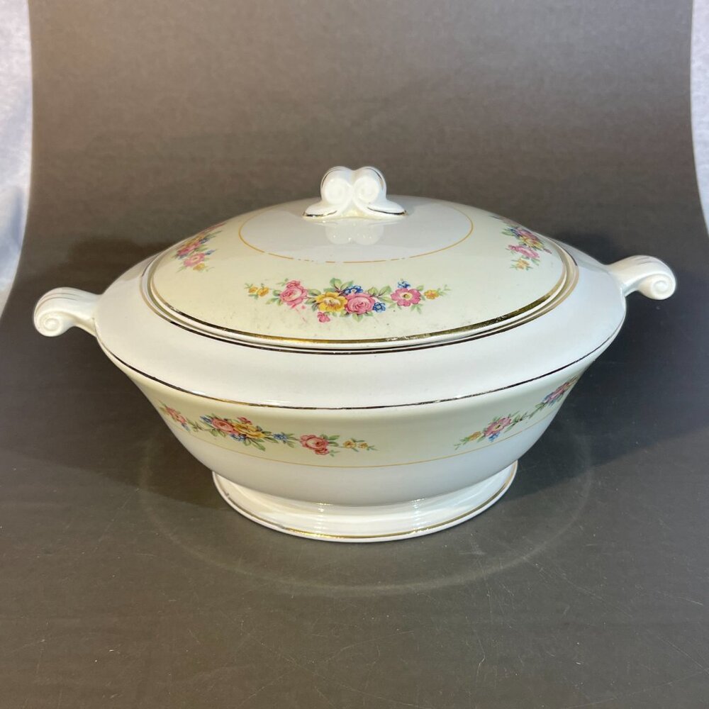 Vtg Covered Bowl & Plate Edwin M. Knowles Semi Vitreous Flowers Casserole (1249)